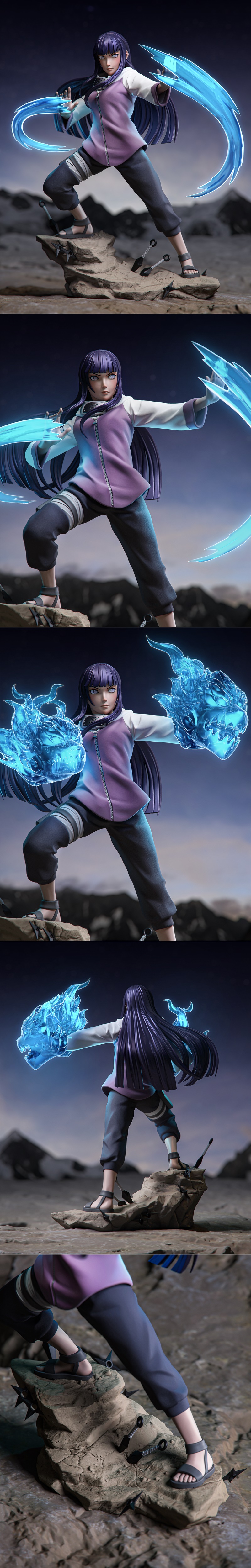 Hinata Hyuga figure in action pose, channeling blue chakra flames, surrounded by kunai and shuriken on a rocky base.