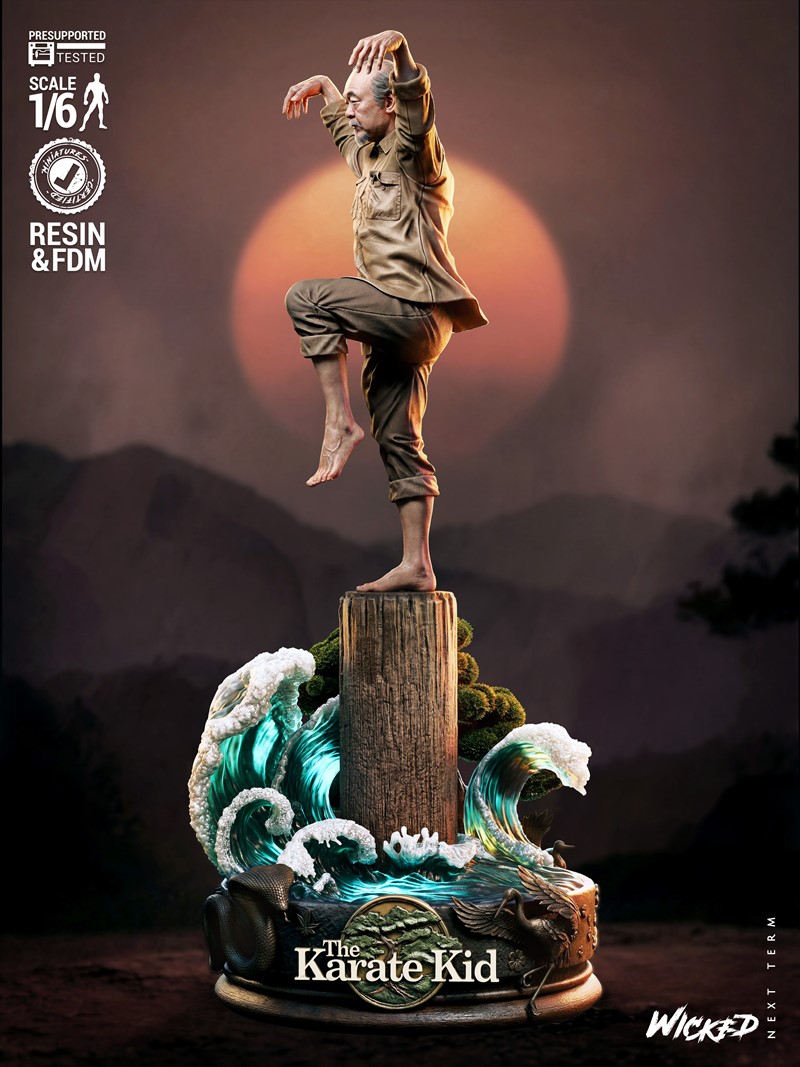 Mr. Miyagi from The Karate Kid in a martial arts stance on a wooden post, surrounded by crashing waves and greenery....