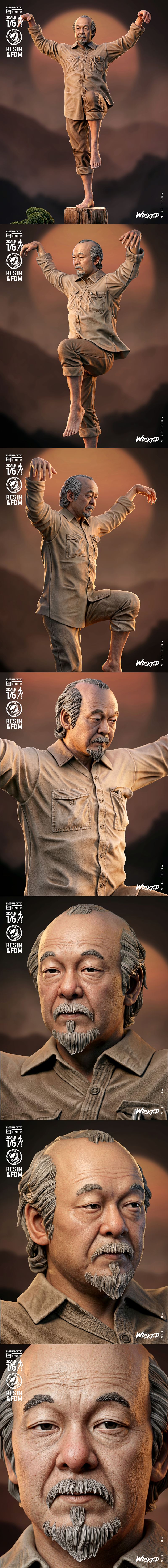 Mr. Miyagi from The Karate Kid in a martial arts stance on a wooden post, surrounded by crashing waves and greenery....