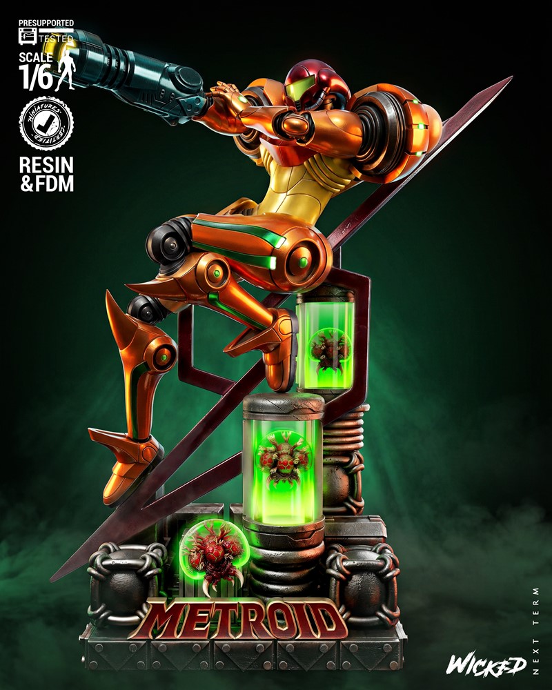 Samus Aran in Varia Suit, 1:6 scale 3D model by Wicked. Features detailed orange and yellow power suit with glowing g...