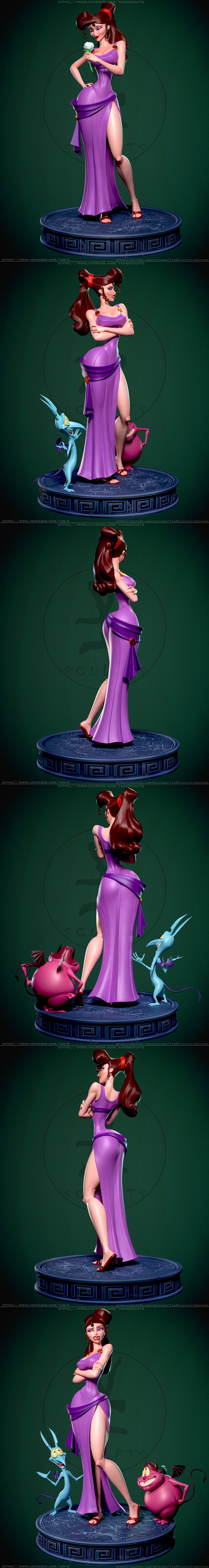 3D model of Megara from Hercules, wearing a purple dress, with Pain and Panic figures on a decorative base.