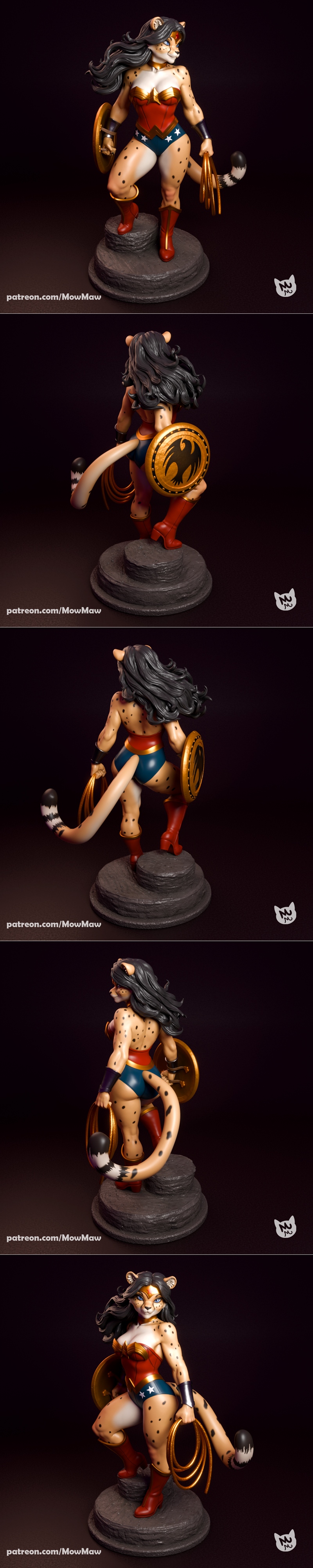Anthropomorphic Wonder Woman as a cheetah, wearing her classic costume with lasso and shield, posed heroically on a r...