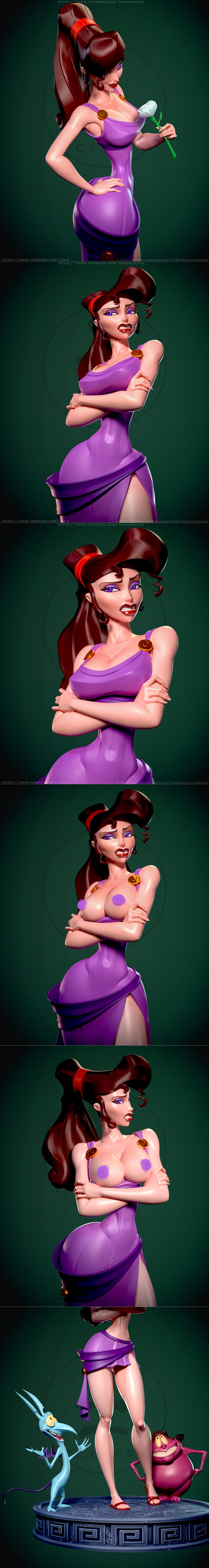 3D model of Megara from Hercules, wearing a purple dress, with Pain and Panic figures on a decorative base.
