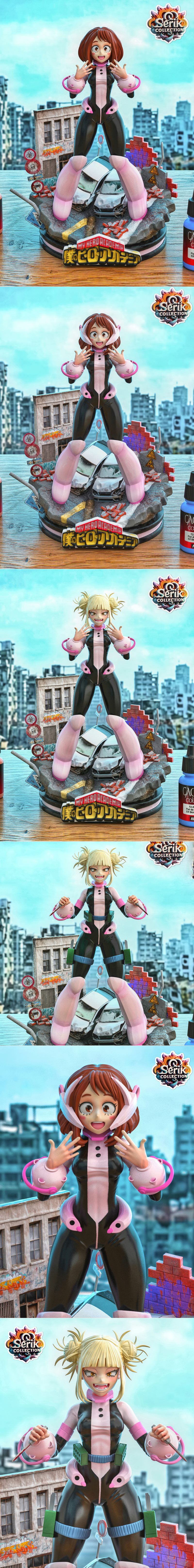3D model figure of Toga Himiko from My Hero Academia, standing on a diorama base with crashed cars and debris, holdin...