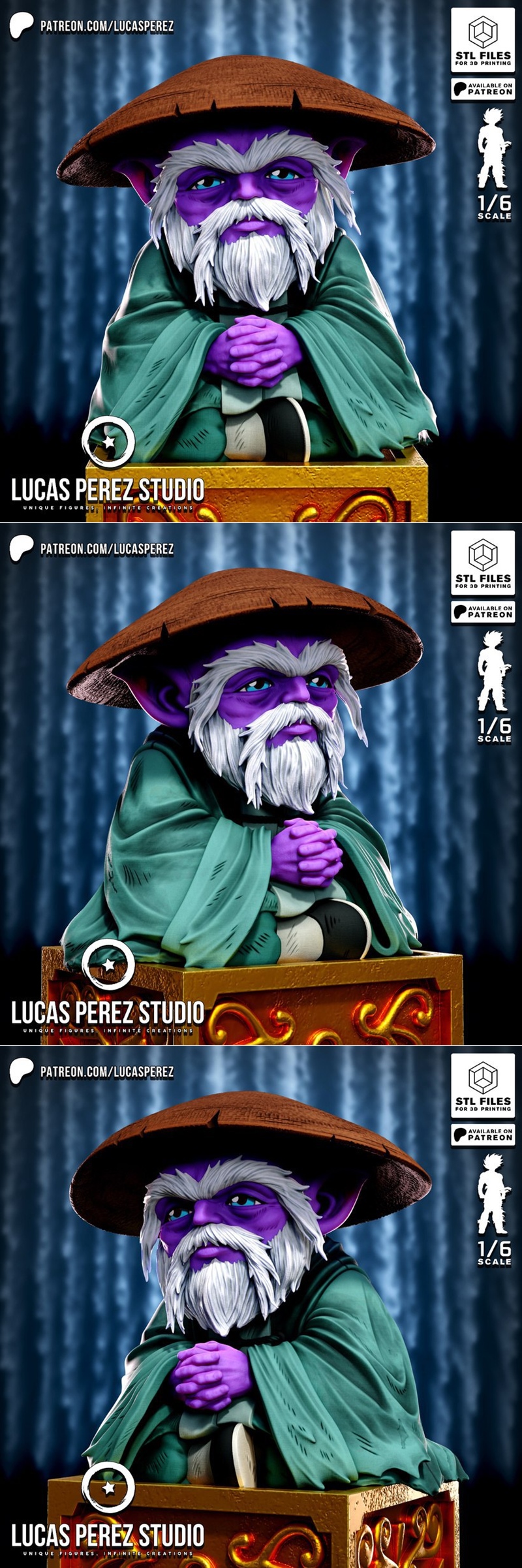 1:6 scale 3D model of Dohko Libra from Saint Seiya, featuring purple skin, white beard, conical hat, green robes, and...