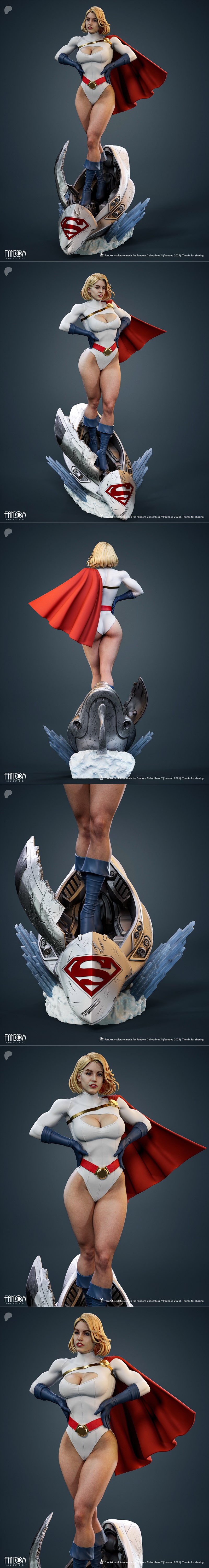 Power Girl 3D model figure, white costume with red cape, standing on a base with Superman emblem and futuristic debris.