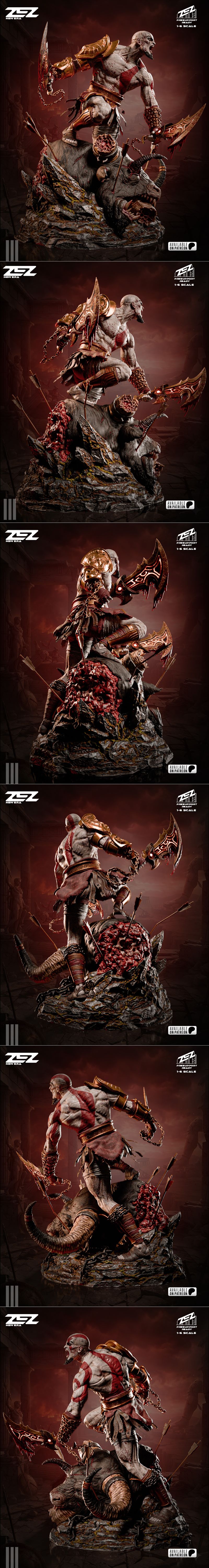 ZEZ Studio Kratos figure in a heroic pose, wielding the Blades of Chaos over a defeated, gore-covered beast. 1:6 scal...
