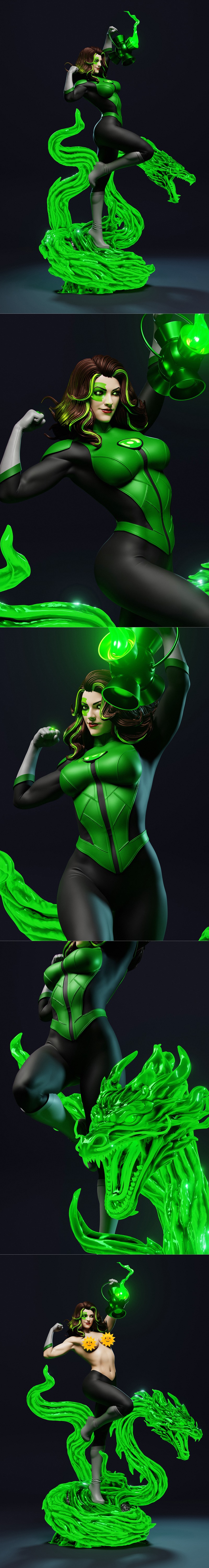 Jessica Cruz Green Lantern 3D model figure, holding a glowing lantern and standing on a swirling green energy base wi...