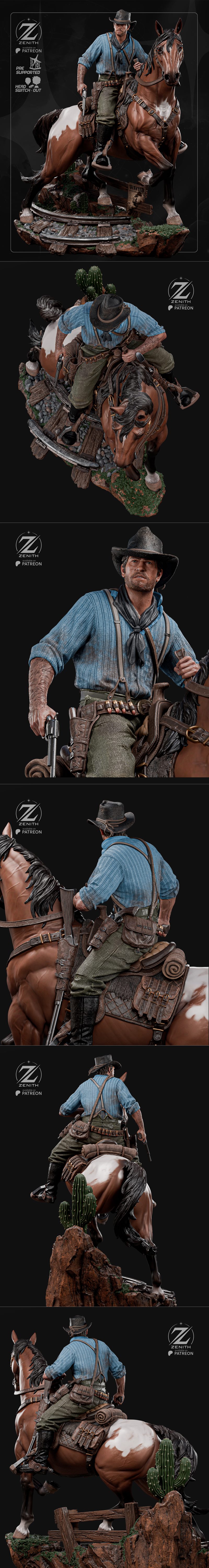 3D model of Arthur Morgan on horseback, wearing cowboy attire and holding a revolver, with a Western landscape base.