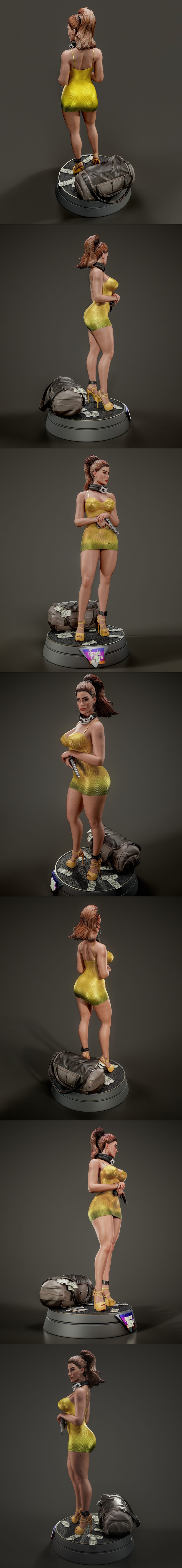 Lucia Caminos 3D model from Grand Theft Auto, wearing a yellow dress, high heels, and holding a gun, with money and a...