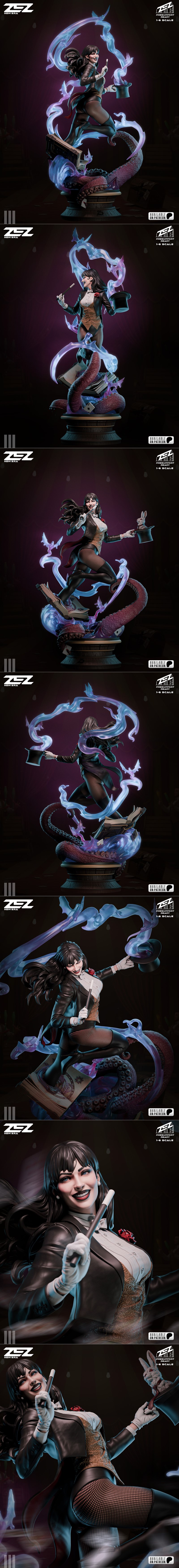 Zatanna Zatara 3D print figure in magician's outfit, mid-leap with wand and top hat, surrounded by magical energy and...