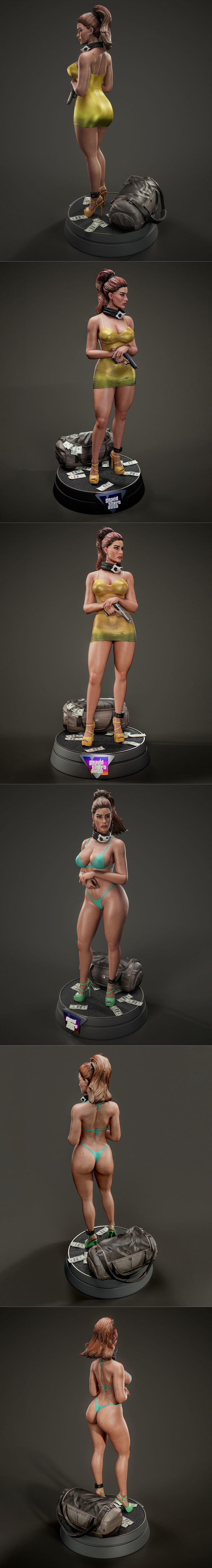 Lucia Caminos 3D model from Grand Theft Auto, wearing a yellow dress, high heels, and holding a gun, with money and a...