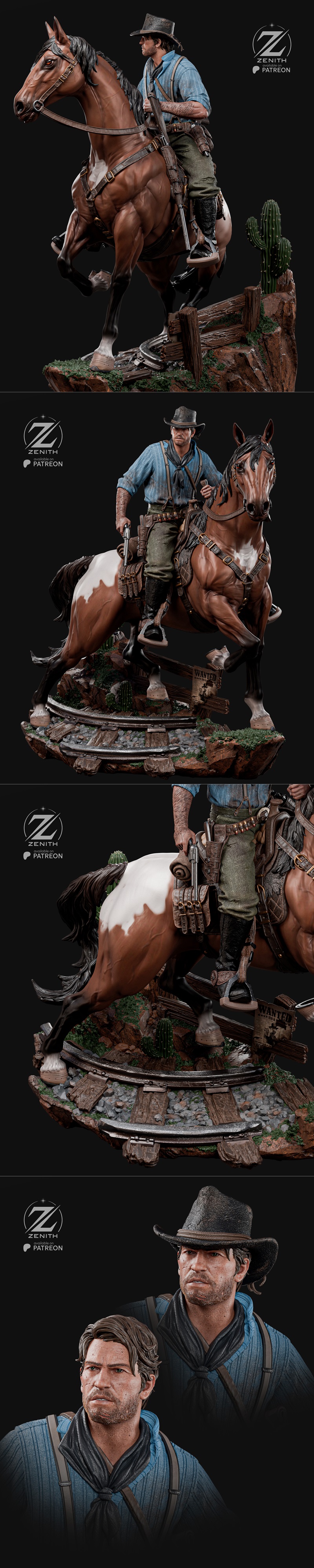 3D model of Arthur Morgan on horseback, wearing cowboy attire and holding a revolver, with a Western landscape base.