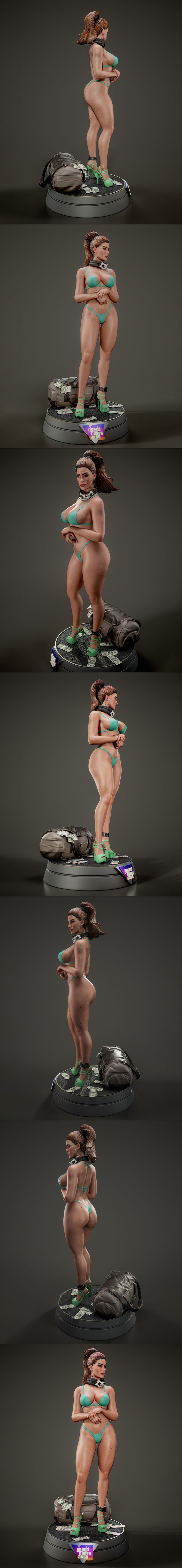 Lucia Caminos 3D model from Grand Theft Auto, wearing a yellow dress, high heels, and holding a gun, with money and a...