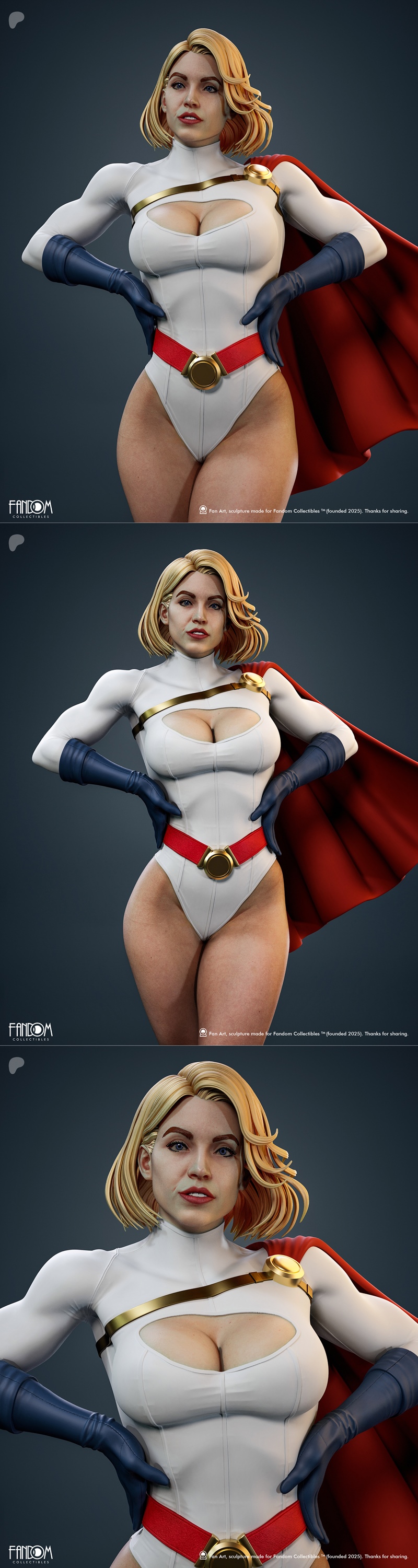 Power Girl 3D model figure, white costume with red cape, standing on a base with Superman emblem and futuristic debris.
