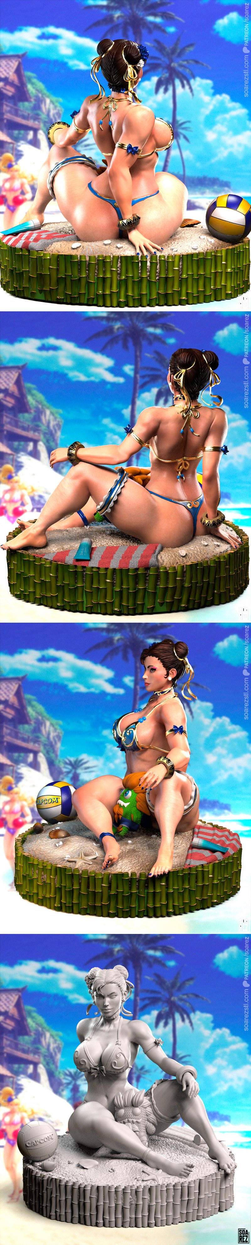 3D model of Chun-Li in a blue and gold bikini sitting on a beach, holding a green plush toy. Tropical background with...
