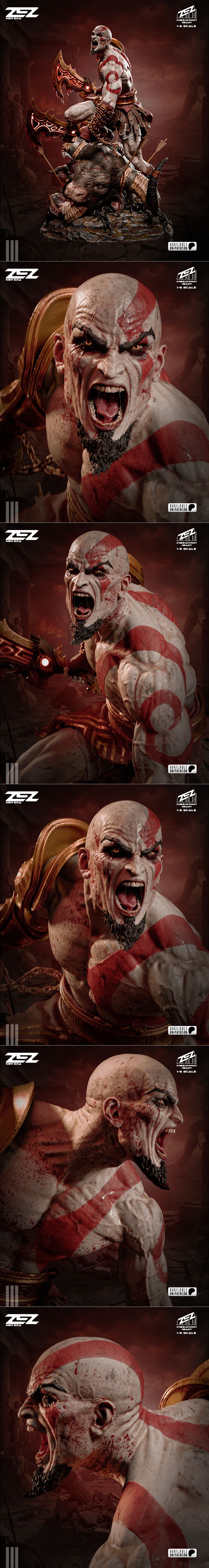 ZEZ Studio Kratos figure in a heroic pose, wielding the Blades of Chaos over a defeated, gore-covered beast. 1:6 scal...