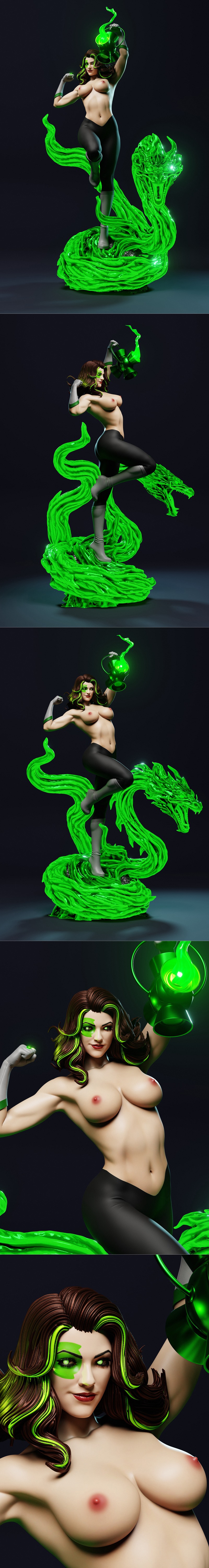 Jessica Cruz Green Lantern 3D model figure, holding a glowing lantern and standing on a swirling green energy base wi...