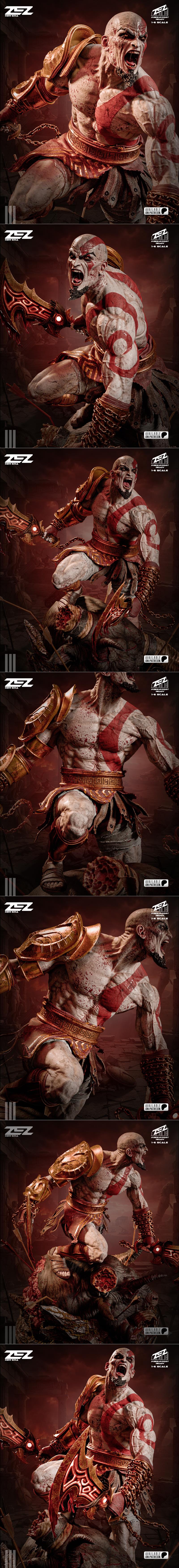 ZEZ Studio Kratos figure in a heroic pose, wielding the Blades of Chaos over a defeated, gore-covered beast. 1:6 scal...