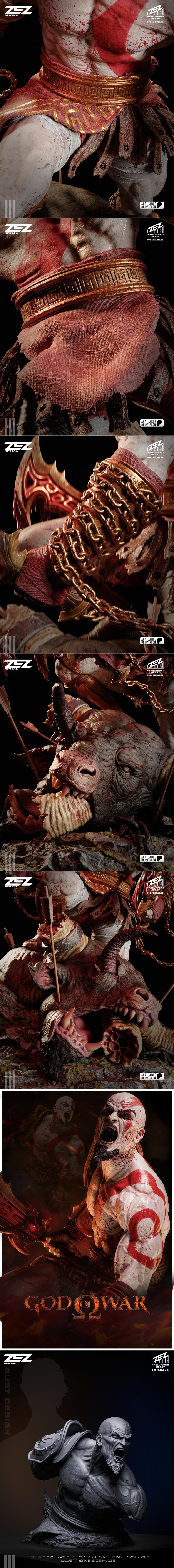 ZEZ Studio Kratos figure in a heroic pose, wielding the Blades of Chaos over a defeated, gore-covered beast. 1:6 scal...