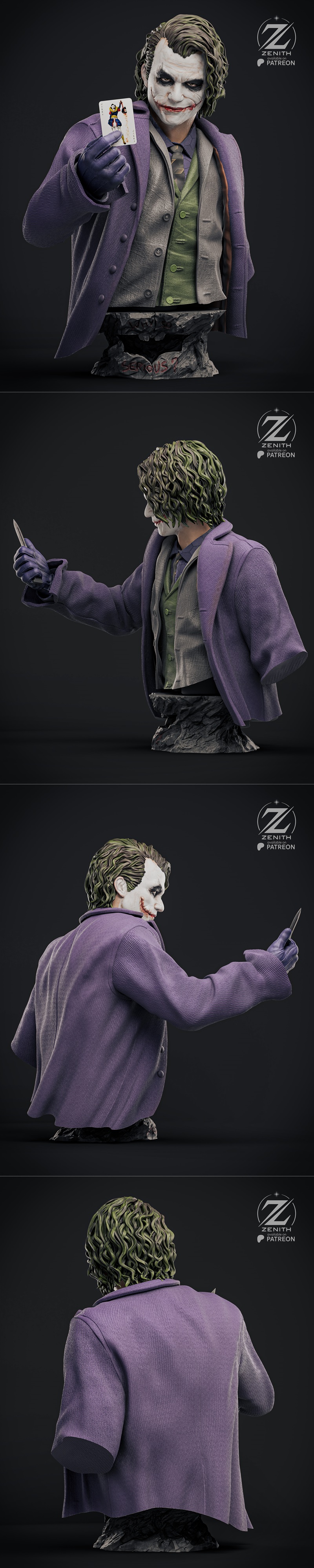 3D printable bust of The Joker from DC Comics, wearing a purple coat, grey waistcoat, and clown makeup, holding a kni...