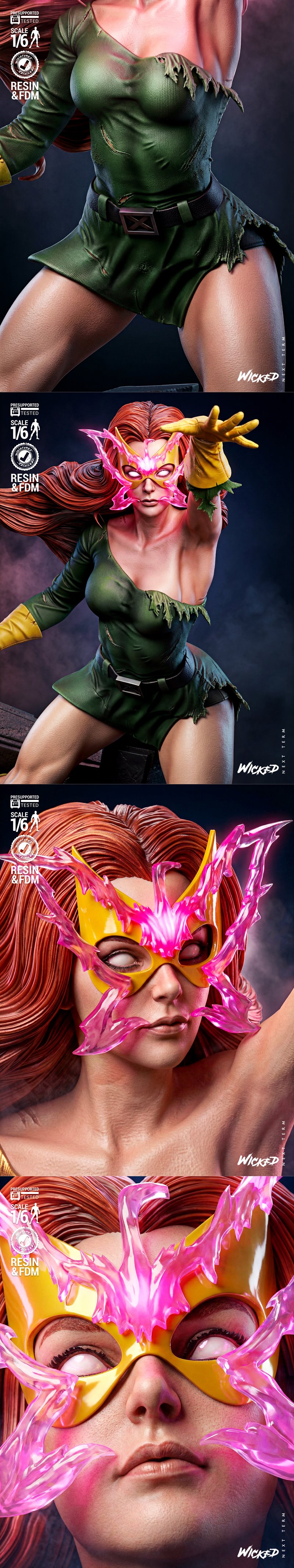 Jean Grey as Phoenix, 1:6 scale figure, dynamic pose with raised arm, green torn costume, yellow gloves and boots, fi...