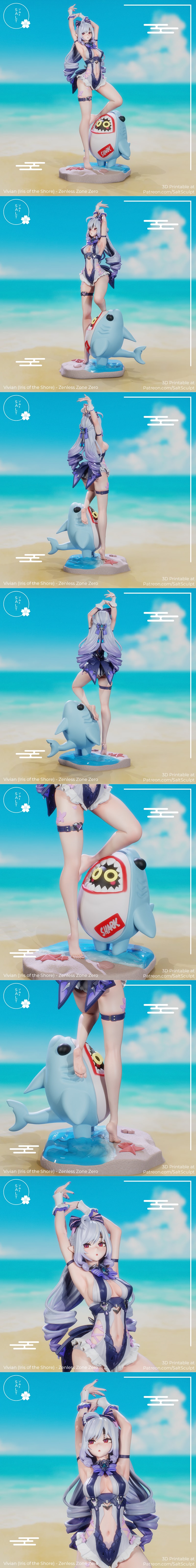 Vivian from Zenless Zone Zero striking a pose on a beach, one foot on a cartoon shark accessory. She wears a revealin...