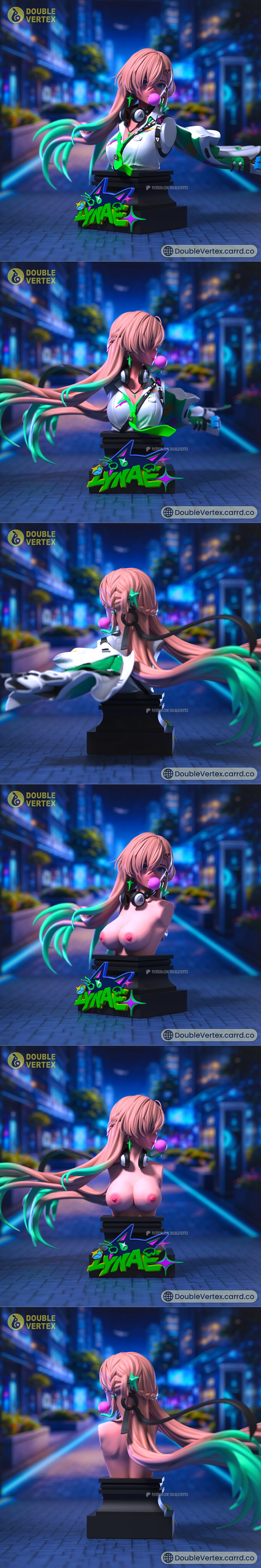 3D printable bust of Lynae from Wuthering Waves, featuring pink hair, bubble gum, and headphones. Two versions shown:...