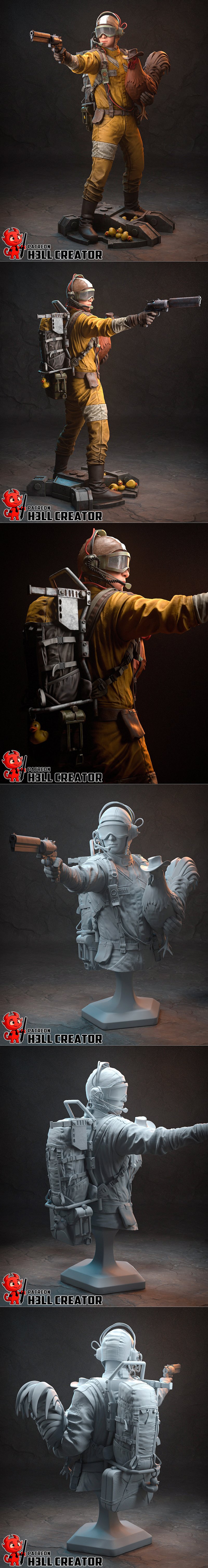 Sci-fi raider figure in yellow jumpsuit holding a gun and a chicken wearing a cowboy hat, with a backpack and goggles.