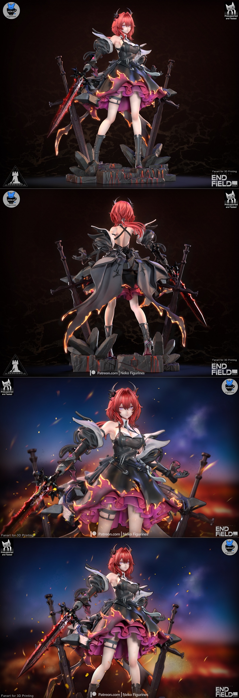 Laevatain from Arknights figure by Neko Figurines, standing on a fiery base with a large red sword and a fire orb, we...