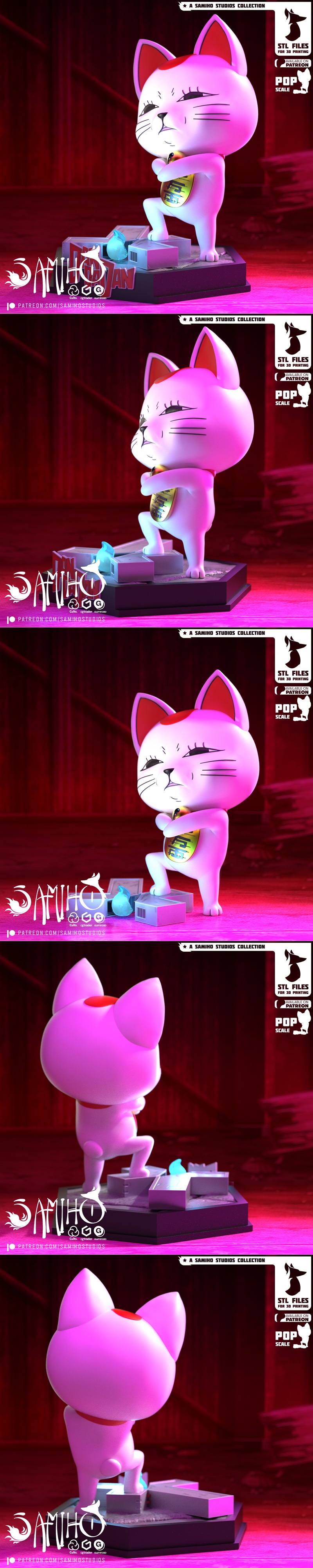 Samiho Studios Turbo Granny 3D model figure of a stylized white cat with pink ears, holding a gold charm, standing on...