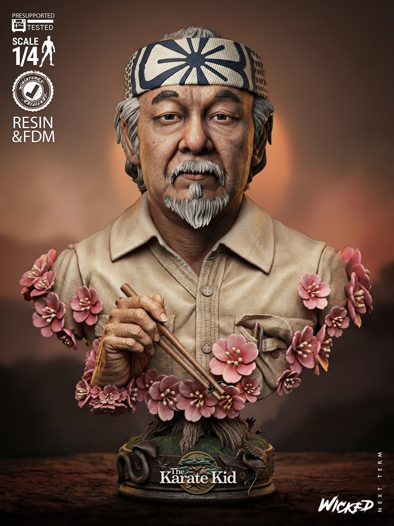 Bust of Mr. Miyagi from The Karate Kid, wearing a headband and holding chopsticks, surrounded by cherry blossoms.