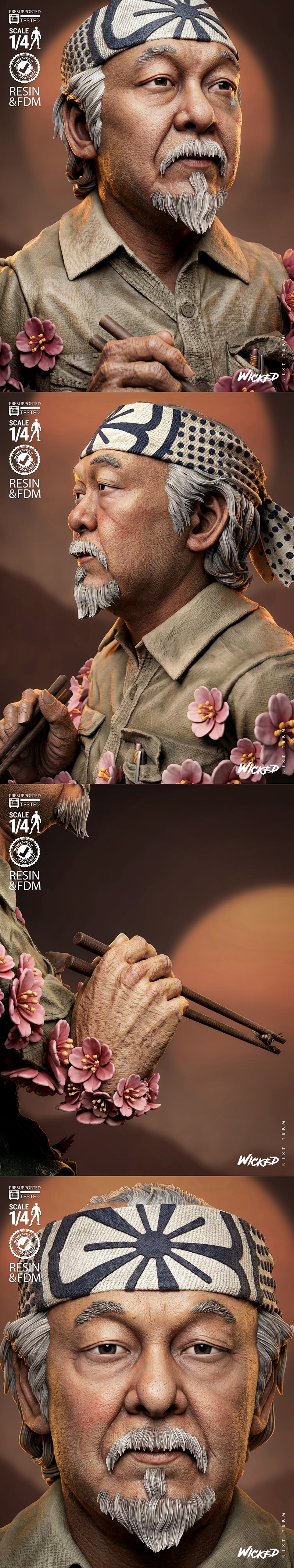 Bust of Mr. Miyagi from The Karate Kid, wearing a headband and holding chopsticks, surrounded by cherry blossoms.