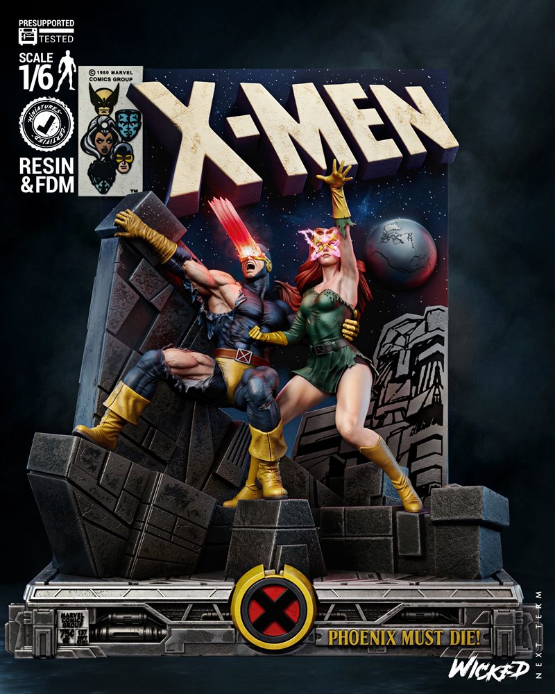 Cyclops and Jean Grey X-Men diorama by Wicked, 1/6 scale, Cyclops firing optic blast, Jean Grey in Phoenix costume, c...