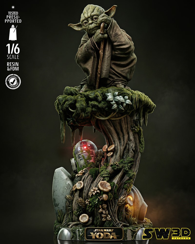 1/6 scale Yoda sculpture 3D model by SW3D, sitting on a mossy tree stump with R2-D2 and mushrooms on the base.