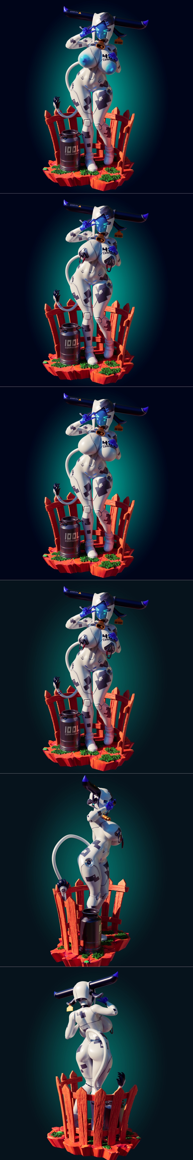 Officer Rhu's Cowbot Mecha Girl 3D model, a futuristic female robot with cow markings, horns, and a bell, standing on...