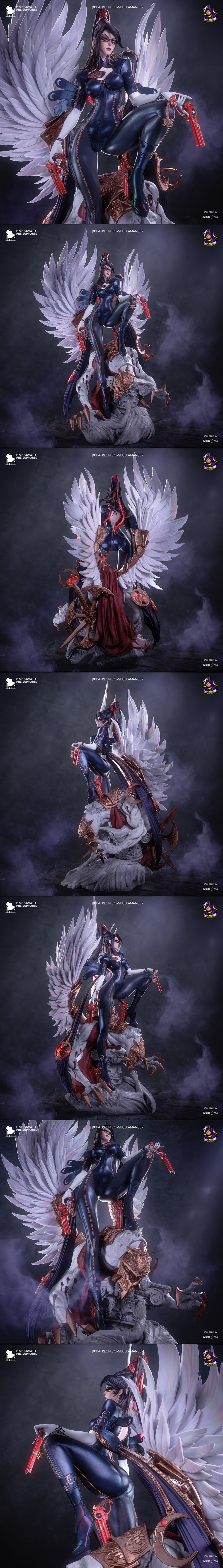 Bayonetta figure with large white wings and twin red pistols, posed heroically on a stone pedestal. Sculpted by Bulka...
