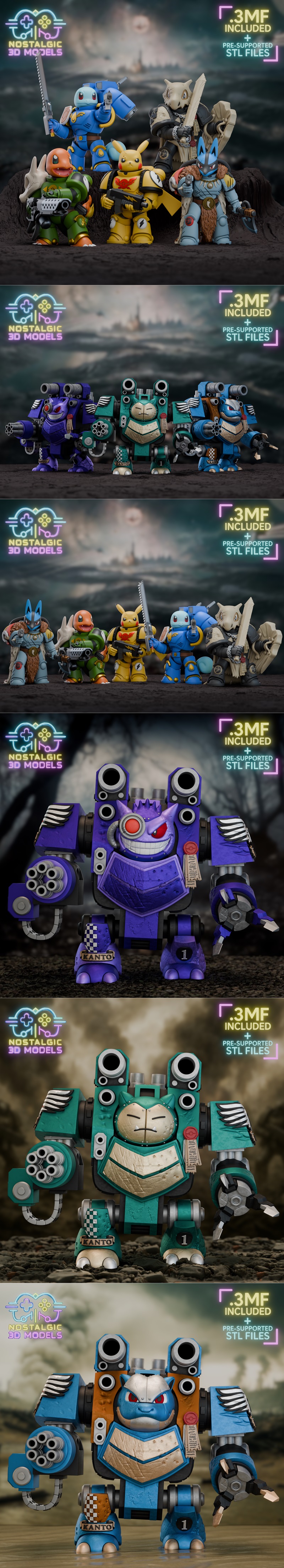 Collection of 3D printable models featuring Pokemon characters in Warhammer 40,000 power armor and mechs, including G...