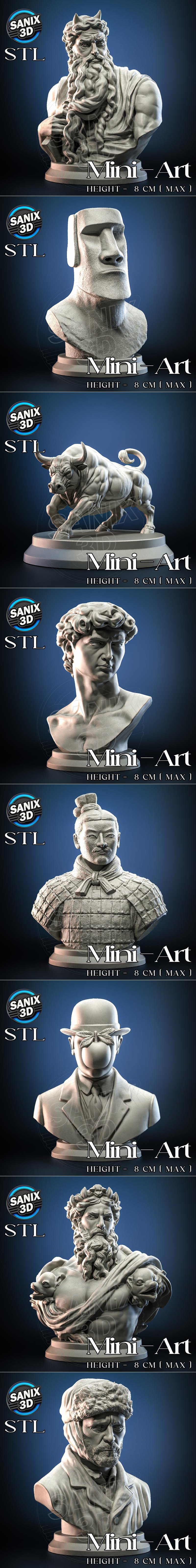 Collection of 15 3D printable busts and statues including Mona Lisa, David, Buddha, Terracotta warrior, and Moai stat...