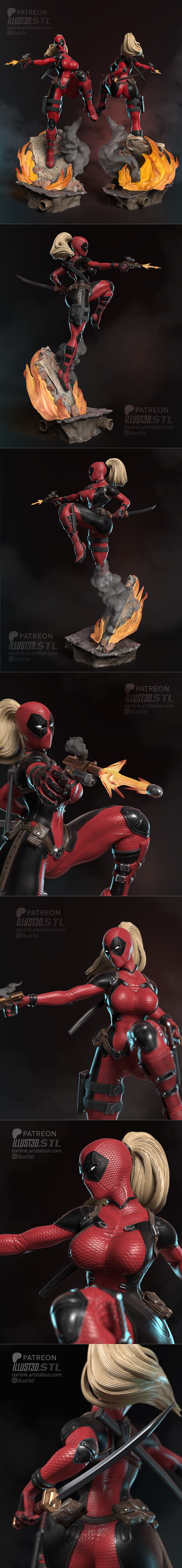 Lady Deadpool 3D model figure, firing a pistol with muzzle flash, standing on a base with fire and smoke. Scale 1/6.