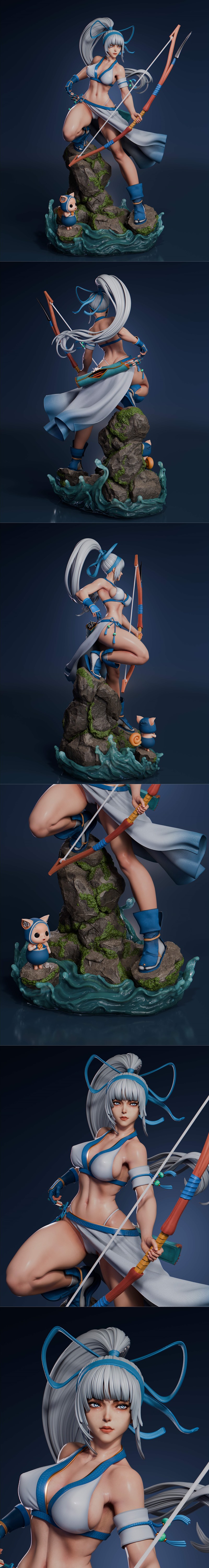 Mina Majikina 3D model figure, athletic female archer in revealing blue and white outfit, holding a bow and arrow, po...