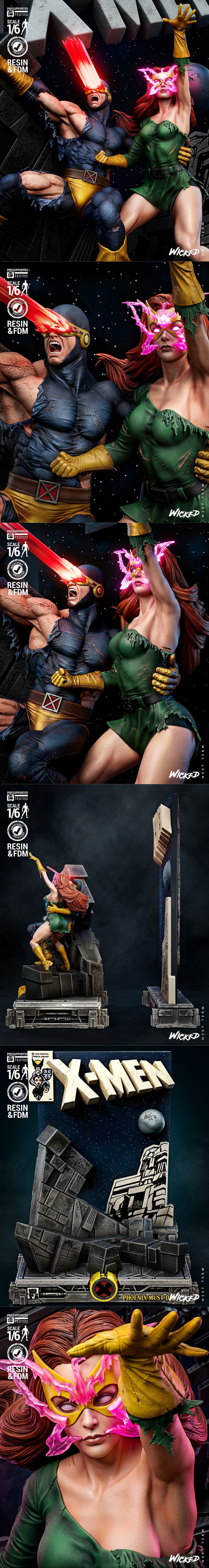 Cyclops and Jean Grey X-Men diorama by Wicked, 1/6 scale, Cyclops firing optic blast, Jean Grey in Phoenix costume, c...