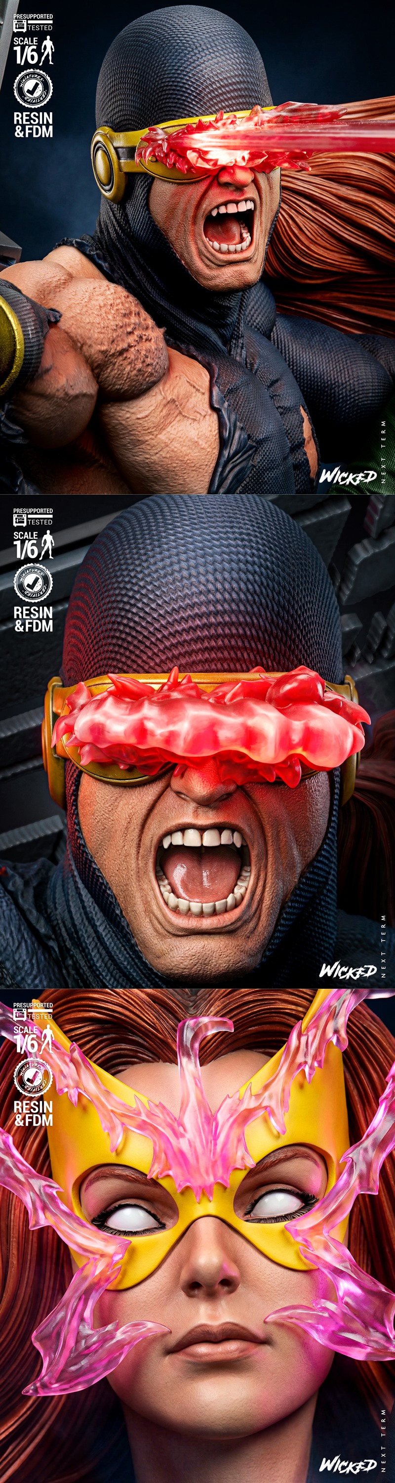 Cyclops and Jean Grey X-Men diorama by Wicked, 1/6 scale, Cyclops firing optic blast, Jean Grey in Phoenix costume, c...