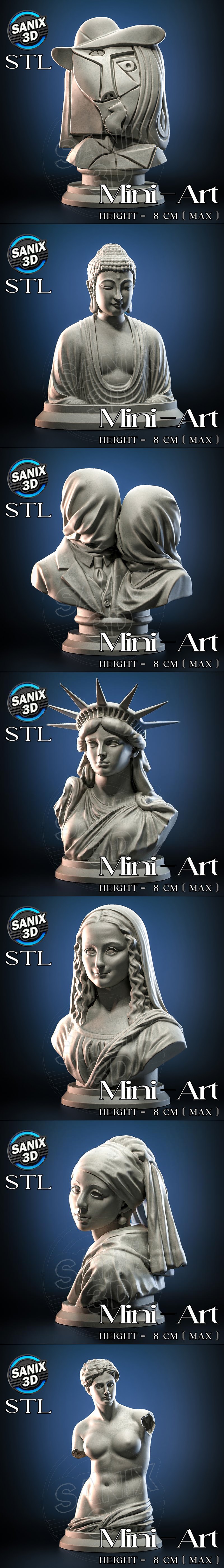 Collection of 15 3D printable busts and statues including Mona Lisa, David, Buddha, Terracotta warrior, and Moai stat...