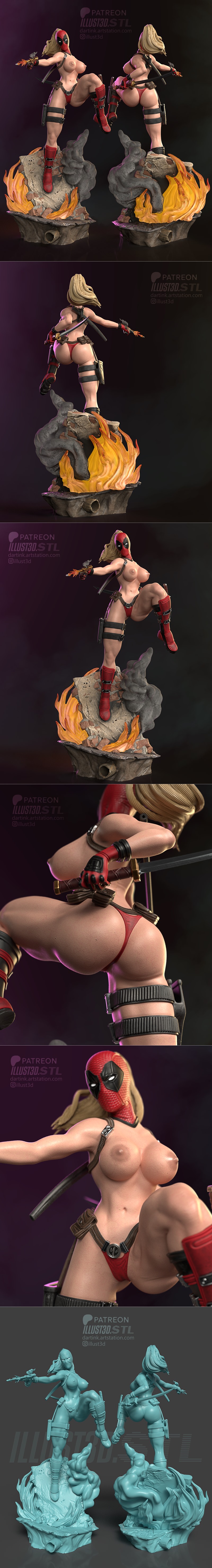 Lady Deadpool 3D model figure, firing a pistol with muzzle flash, standing on a base with fire and smoke. Scale 1/6.