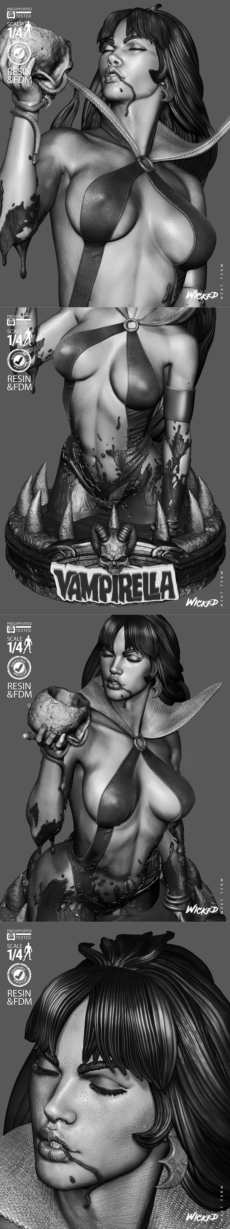 Vampirella bust 3D model, holding a skull with a snake, wearing a revealing costume with blood splatters, on a base w...