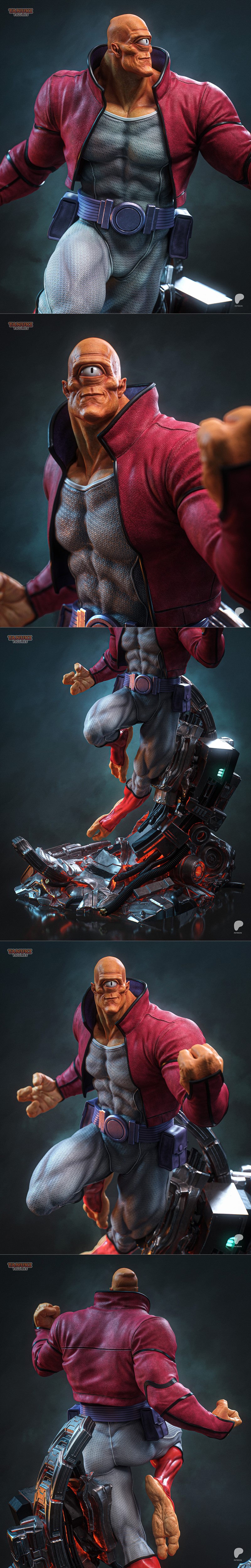 Allen the Alien from Invincible, posed heroically in a red jacket and grey pants, floating in space with Earth visible.