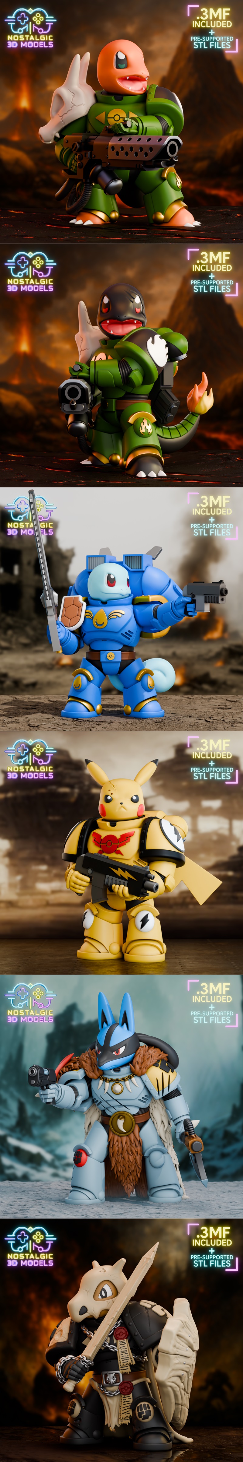 Collection of 3D printable models featuring Pokemon characters in Warhammer 40,000 power armor and mechs, including G...