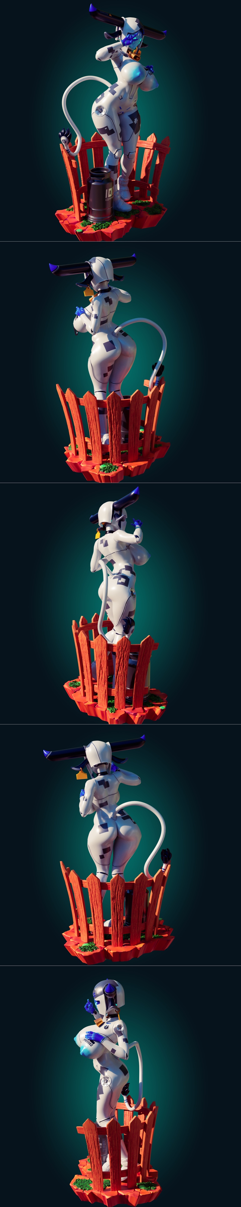 Officer Rhu's Cowbot Mecha Girl 3D model, a futuristic female robot with cow markings, horns, and a bell, standing on...