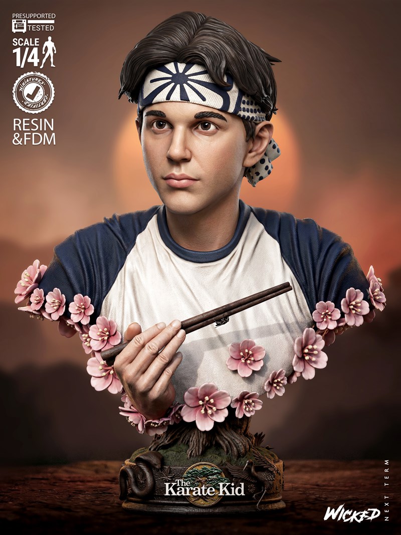 3D printable bust of Daniel LaRusso from The Karate Kid, wearing a bandana and holding chopsticks, surrounded by cher...